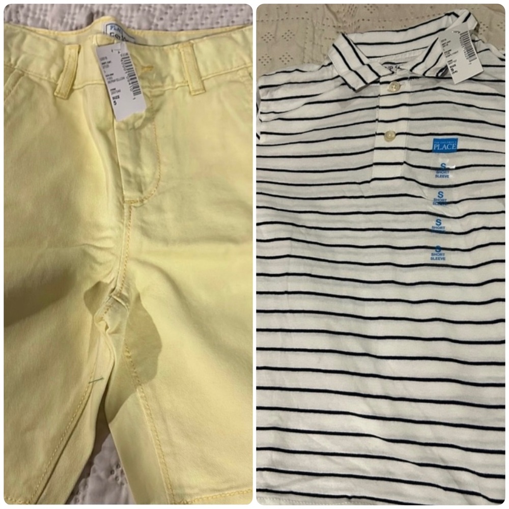 The Children's Place White and Black Striped Polo and Yellow Chino Shorts NWT